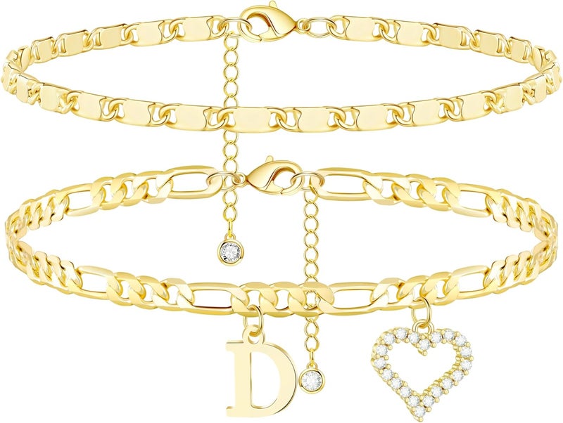 Wremily Initial Ankle Bracelets for Women Waterproof 14K Gold Plated Dainty Layered Figaro Chain Letter Initial CZ Heart Ankle Bracelets Set Summer Beach Jewelry for Women - Image 1